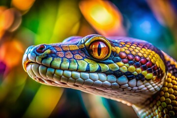 Fototapeta premium A stunning close-up of a Python snake showcases its mesmerizing eyes against a softly blurred backdrop, capturing the essence of candid photography in stunning 4K quality.