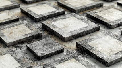 A textured surface featuring square tiles in varying shades of gray and beige.