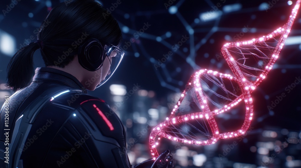 Poster futuristic scientist analyzing dna in a high-tech environment.