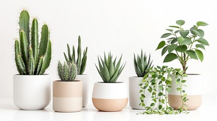 Modern indoor plant collection: cacti and succulents in stylish pots on white background