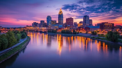 Fototapeta premium Evening skyline with lights reflecting off a river, creating a vibrant cityscape