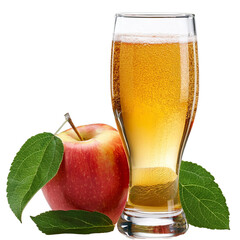 Glass of Sparkling Apple Cider with Whole Apple and Green Leaves on White