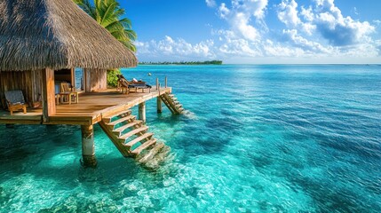 A serene overwater bungalow by a clear, turquoise lagoon under a bright sky.