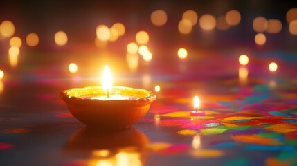 Glowing Clay Diya Lamps and Rangoli Design.
