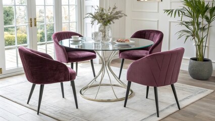 Fototapeta premium Brightly lit the dining space is anchored by a contemporary round table composed of crystalclear glass. Soft velvety chairs in deep hues provide a striking contrast enhancing the