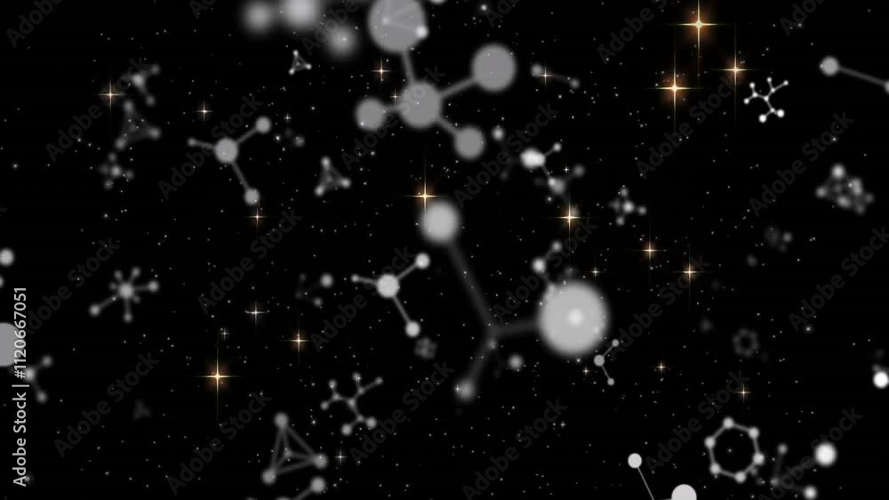 Poster molecular structures and particles animation over starry night sky background