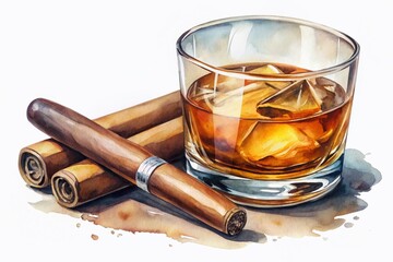 A stunning watercolor portrays whiskey and cigar within an opulent setting, evoking sophistication, relaxation, and indulgence, featuring fine spirits and serene artistry in elegant decor.