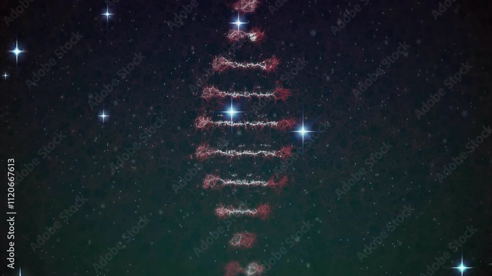 Poster processing scientific data animation, dna strand glowing with stars in background