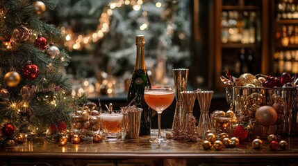 Festive bar with New Year cocktails and champagne, ready for celebration