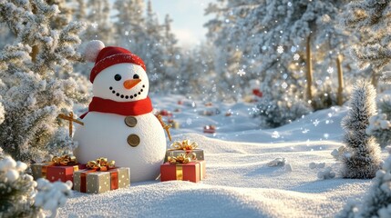 Obraz premium Snow man and gifts flat design front view North Pole theme 3D
