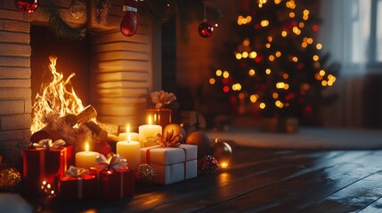 A cozy Christmas scene with a fireplace, candles and decorations on the table