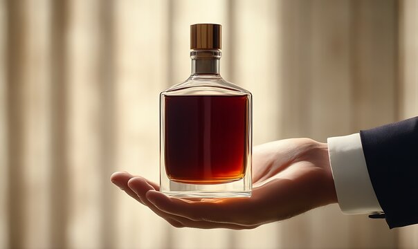A hand elegantly holds a glass bottle filled with a dark liquid, suggesting sophistication.