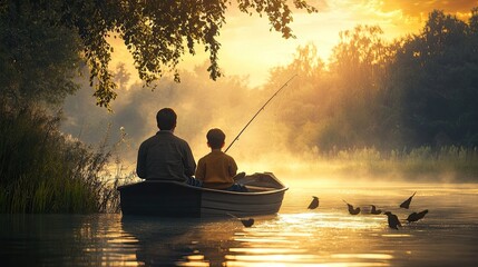 Father and son fishing at sunrise in a tranquil lake.
