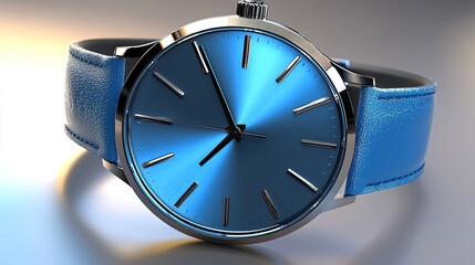 A stylish blue watch with a sleek design and leather strap, showcasing modern elegance.