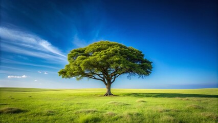 Obraz premium A tranquil oasis featuring a majestic tree surrounded by serene greenery in a vast open space, perfect for nature lovers seeking peace and simplicity.