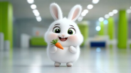 Cute cartoon bunny holding a carrot in a bright, playful setting.