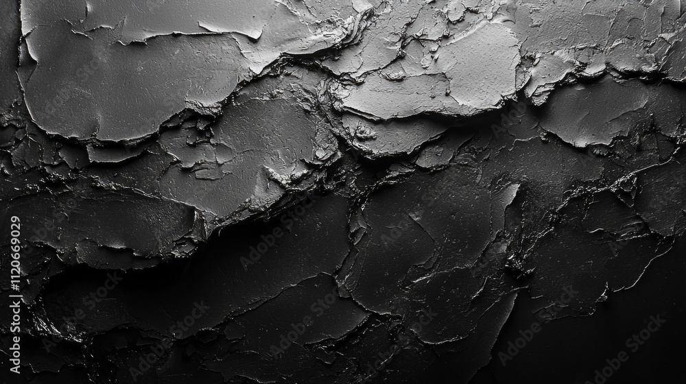 Poster dark and textured surface reveals intricate patterns of cracked layers, creating a striking visual e