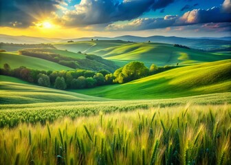 A tranquil spring field of winter wheat, framed by vibrant hills and colorful plots, embodies the beauty of nature's vibrancy and peaceful serenity.