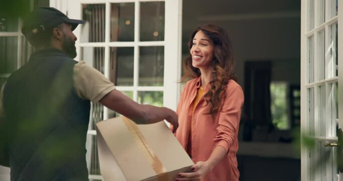 Door, delivery man and customer with clipboard for signature, safety compliance and proof of shipment. Courier service, worker and woman with approval for package, distribution and ecommerce for box