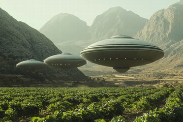 Mysterious ufo arrival over vineyard mountainous landscape sci-fi imagery atmospheric perspective intriguing concept