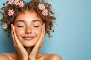 A woman with curly hair and a flowery headband is smiling