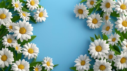 Obraz premium Delicate Daisies Frame on a Pastel Blue Background Spring Floral Design