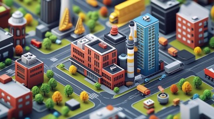 Isometric city model with buildings, roads, and vehicles.