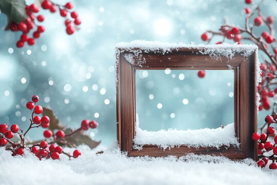 wooden_photo_frame_covered_in_snow_with_red flawer