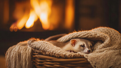 Obraz premium cozy ferret rests peacefully in woven basket, wrapped in soft knitted blanket, with warm fireplace glowing in background, creating serene and comforting atmosphere