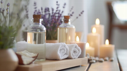 A table with candles and two bottles of lavender oil