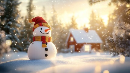 Fototapeta premium A cute snowman standing in the white snowy landscape