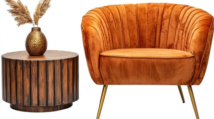 Cozy living room setup featuring an orange velvet chair and a round wooden side table.