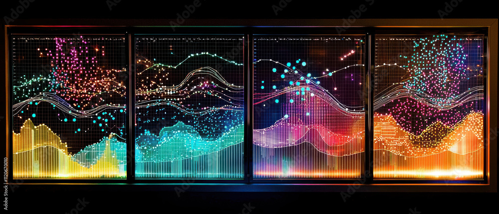 Poster colorful data visualization with vibrant graphs and dynamic patterns showcasing trends and insights 