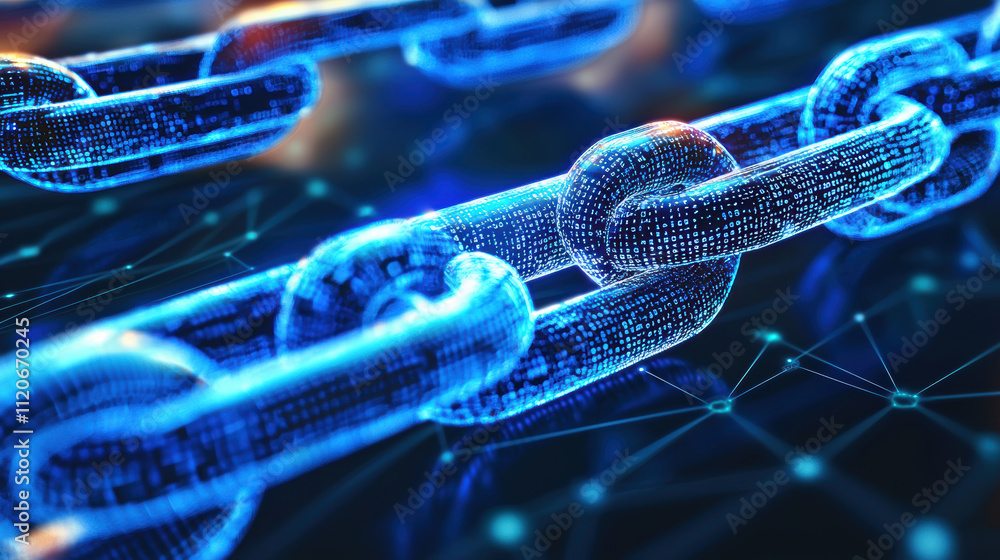 Poster digital chain link with glowing blue binary code, symbolizing technology and security