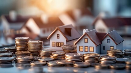 many houses with a lot of coin stack, idea for property investment, income , tax, and passive income