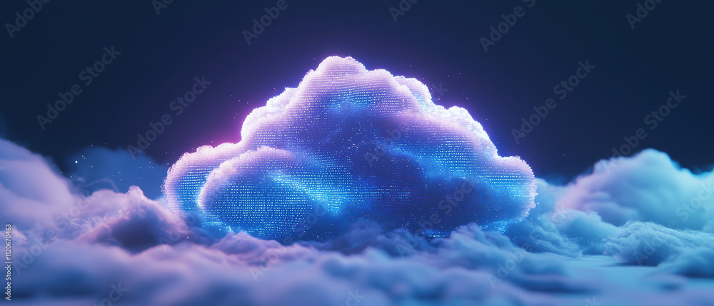Poster digital cloud glowing with vibrant colors, surrounded by soft clouds, creating surreal atmosphere
