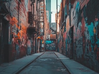 Fototapeta premium Graffiti-covered alleyway in a city art district, colorful and expressive