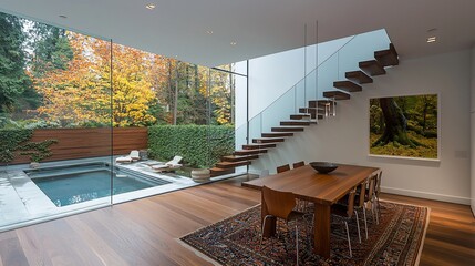 Fototapeta premium Modern dining room with indoor pool & autumn view.