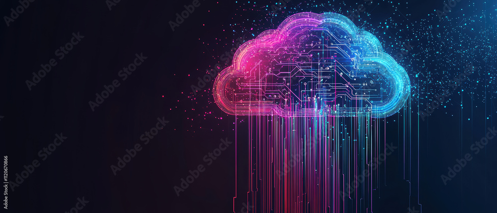 Poster high tech visualization of cloud powered ai system with vibrant colors
