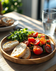 Simple plate of bread for fasting, warm natural light, calm and reflective 