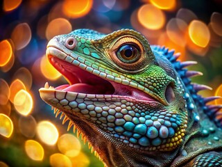 Fototapeta premium A vibrantly colored lizard showcases intricate reptilian skin textures with its mouth open, ideal for nature enthusiasts and reptile lovers to admire and appreciate.