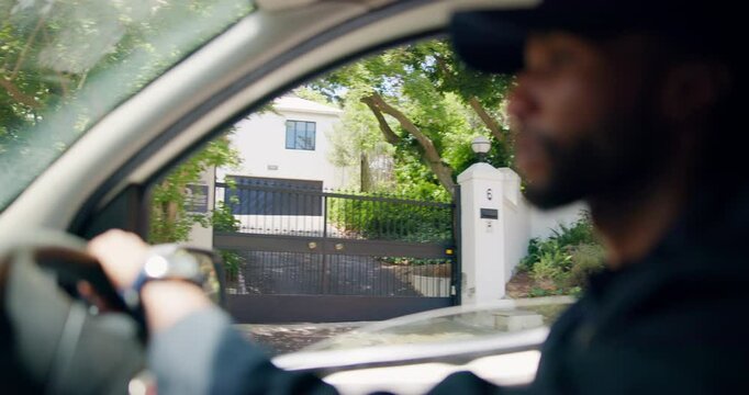 Car, delivery and black man with driving for distribution, transportation and logistics of order. Vehicle, male employee or driver with side view for supply chain, shipping service or courier company