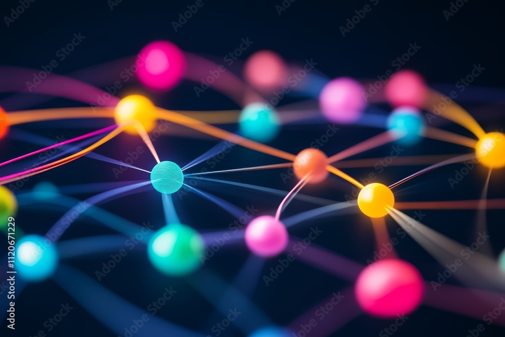Poster a vibrant, abstract representation of interconnected nodes and lines, showcasing a colorful network 