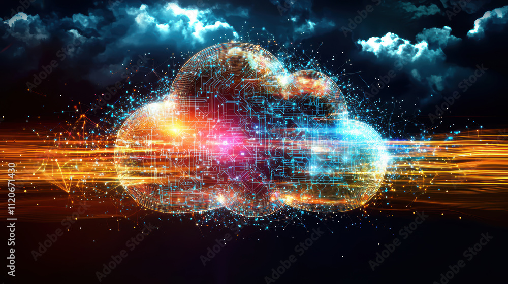 Poster conceptual image of bright, multi dimensional cloud with digital elements, symbolizing technology an