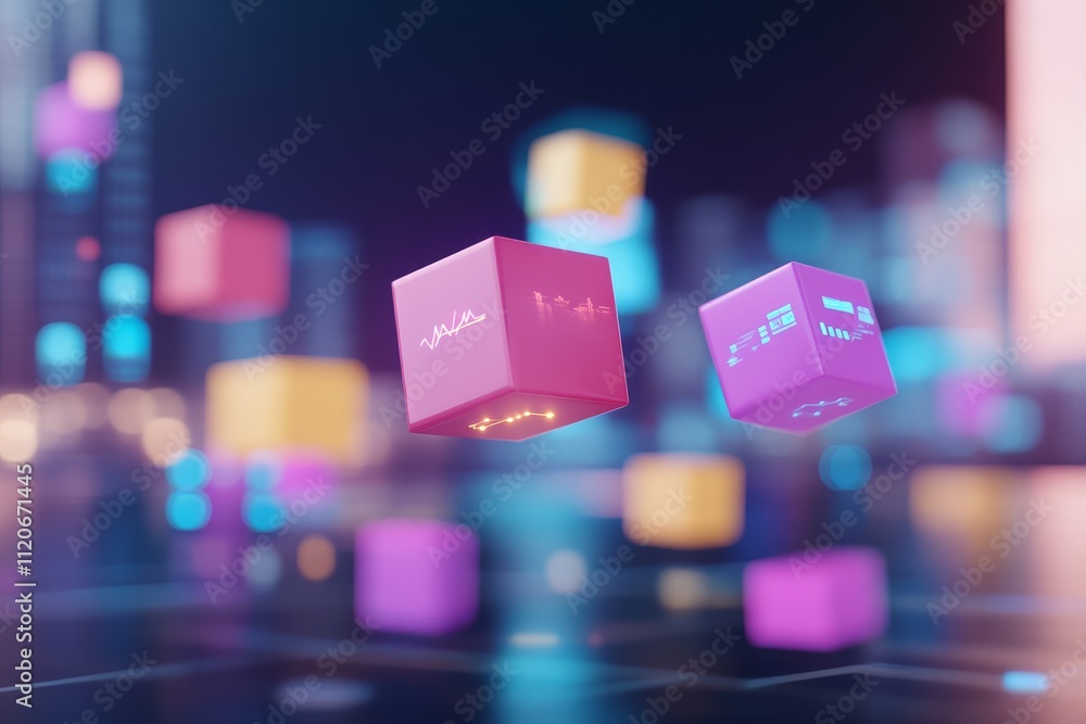Poster colorful 3d cubes float in a digital space, representing technology, innovation, and data visualizat