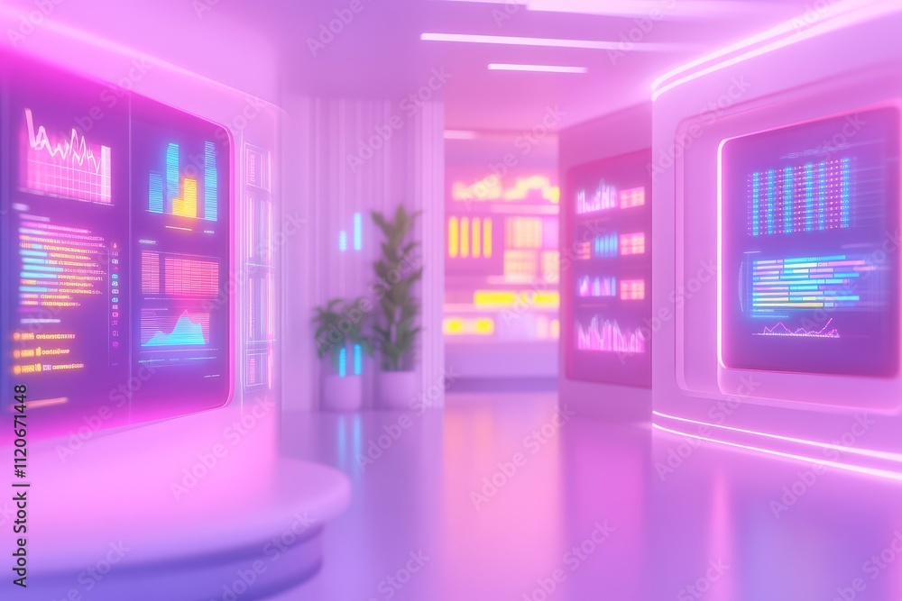Aufkleber a vibrant, futuristic space featuring glowing screens displaying data analytics, complemented by sof
