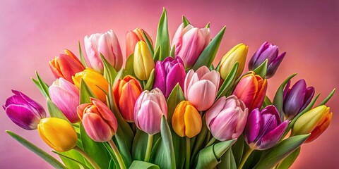Obraz premium A vibrant spring bouquet of tulips against a pink background, creating a stunning floral composition perfect for urban exploration photography capturing urban beauty.