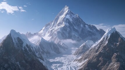 Fototapeta premium A majestic view of Mount Everest with towering snowy peaks and rugged glaciers under a clear blue sky, capturing the awe-inspiring beauty of the world's tallest mountain