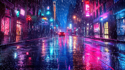 Fototapeta premium A vibrant city street scene illuminated by colorful neon lights, reflecting off wet pavement during a rain shower. The atmosphere conveys a moody, futuristic aesthetic, with tall buildings and shop fr