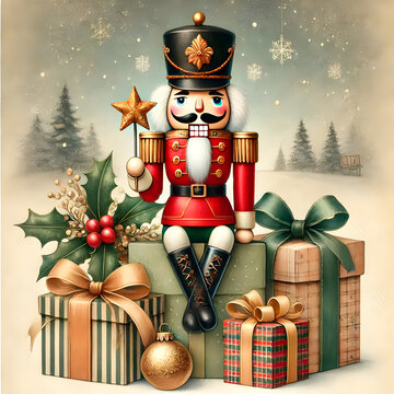 Nussknacker auf Geschenken mit festlicher Dekoration in verschneiter Landschaft &ndash; KI generiert